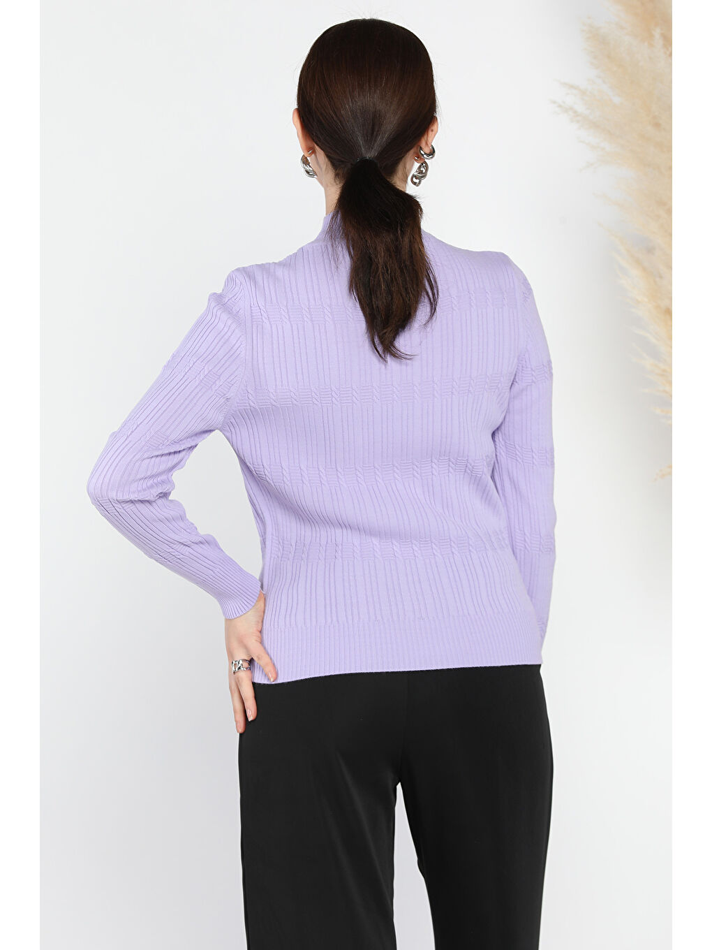 Lila Kadın Yarım Balıkçı Desenli Elastanlı Triko Bluz-2