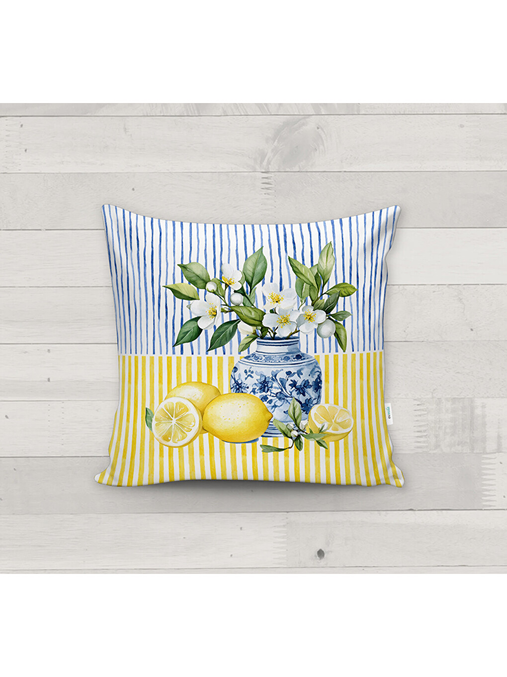 Karışık Mavi-Beyaz Çizgili ve Limon Temalı Dekoratif Kırlent Kılıfı (43x43 cm)-2