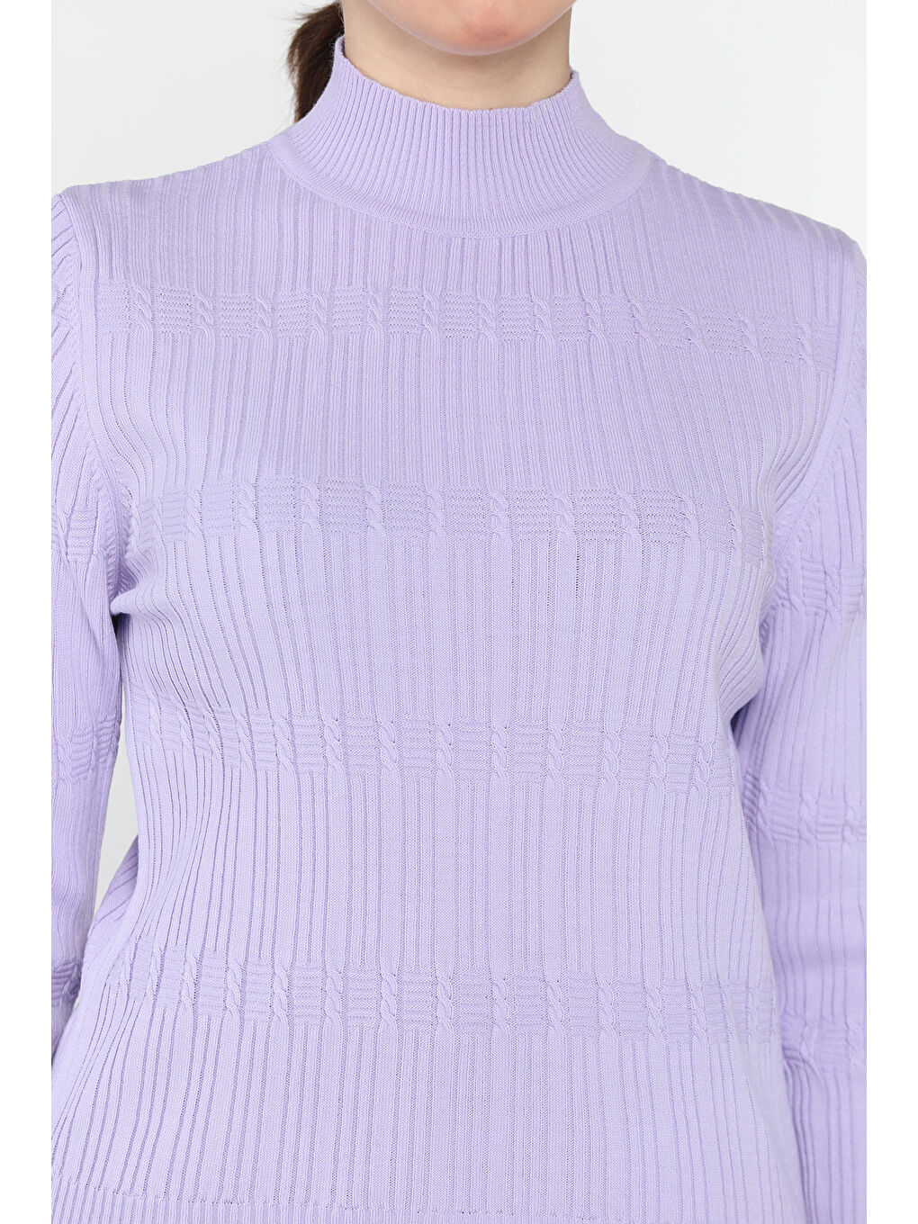 Lila Kadın Yarım Balıkçı Desenli Elastanlı Triko Bluz-3