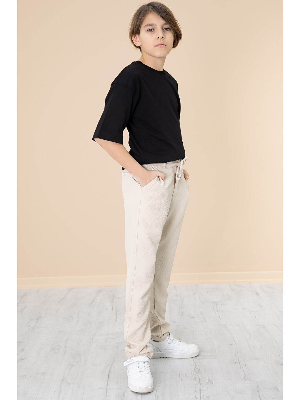 Wikiland Ekru Krem Duble Paça Erkek Çocuk Jogger Kumaş Pantolon 20053 - 2