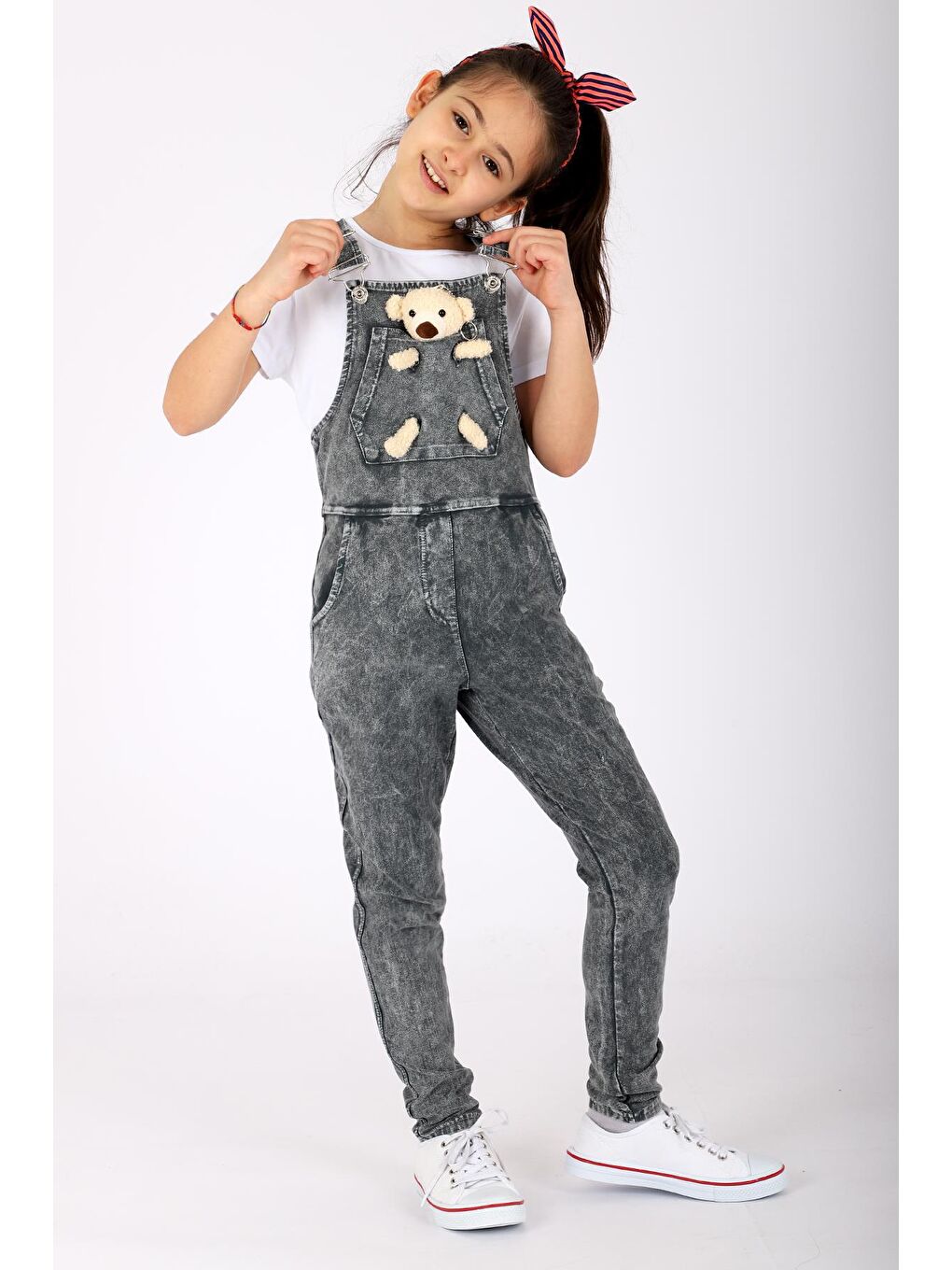 Gri Ayıcıklı Askısı Ayarlı  Kız Çocuk Salopet