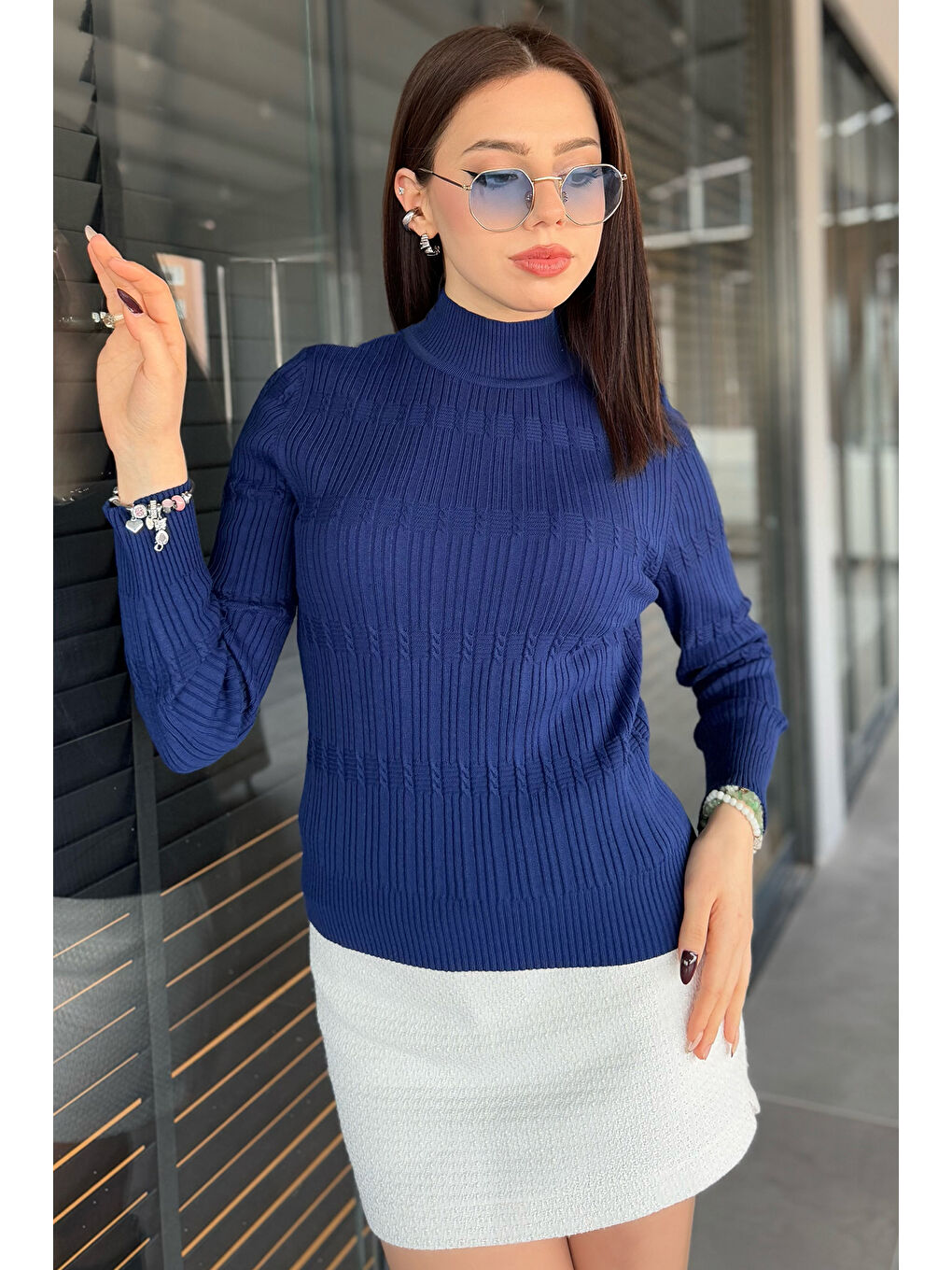 Lacivert Kadın Yarım Balıkçı Desenli Elastanlı Triko Bluz