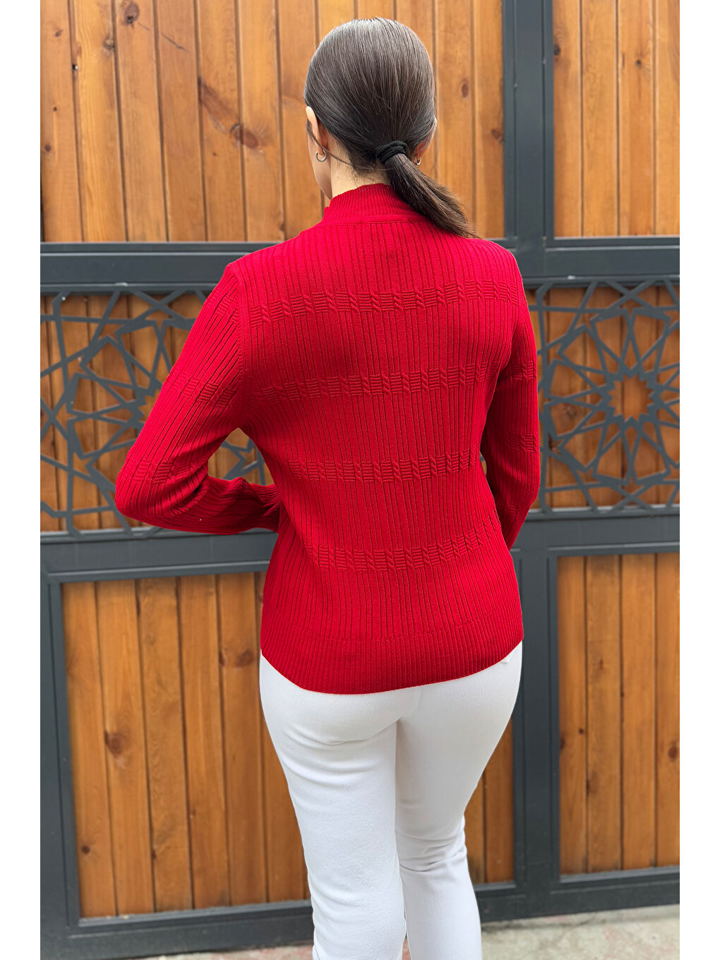 Kırmızı Kadın Yarım Balıkçı Desenli Elastanlı Triko Bluz-3