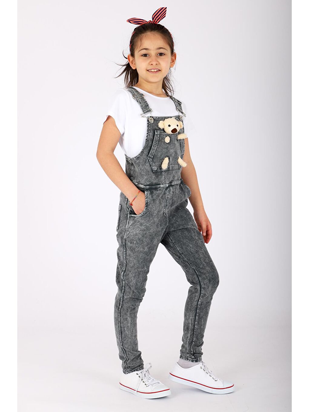 Gri Ayıcıklı Askısı Ayarlı  Kız Çocuk Salopet-1