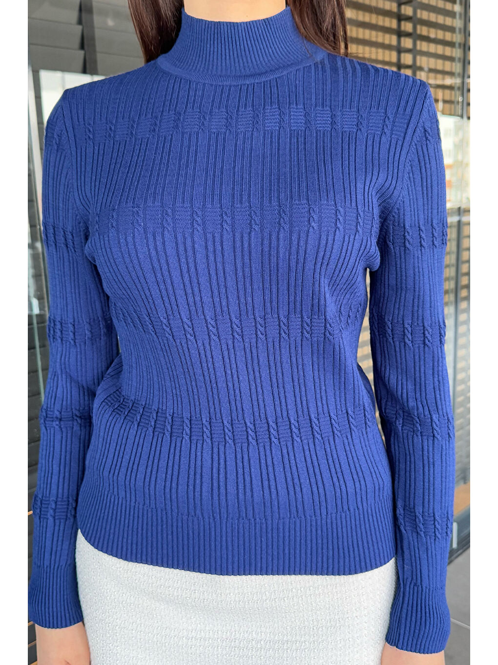 Lacivert Kadın Yarım Balıkçı Desenli Elastanlı Triko Bluz-2