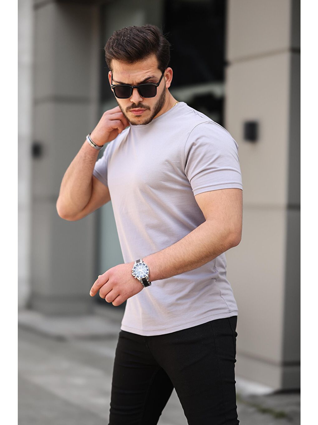 comstar Gri Slim Fit Bisiklet Yaka Kısa Kollu Erkek Tişört - 1