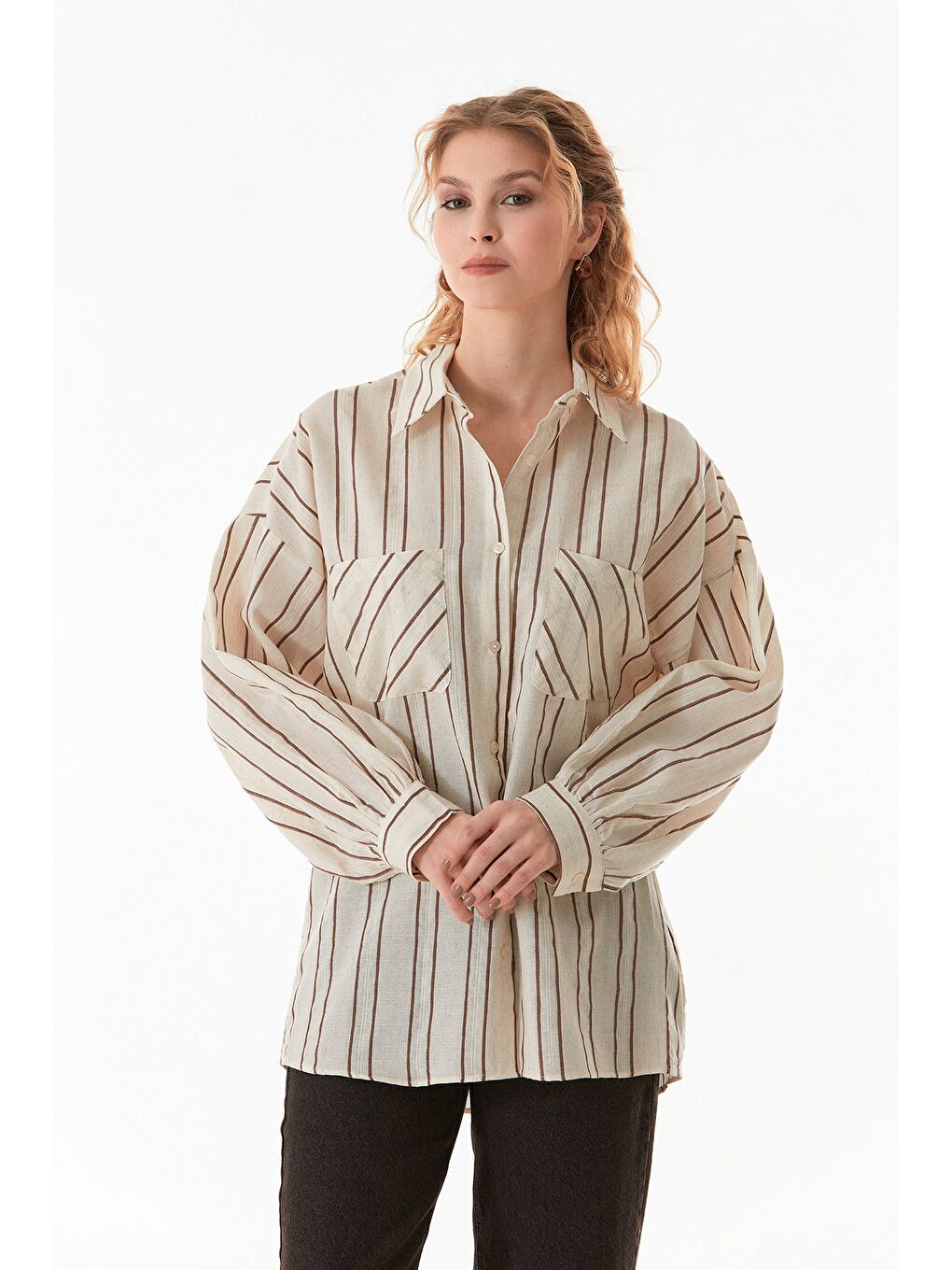 Kahverengi Çizgili Çift Cepli Oversize Keten Gömlek