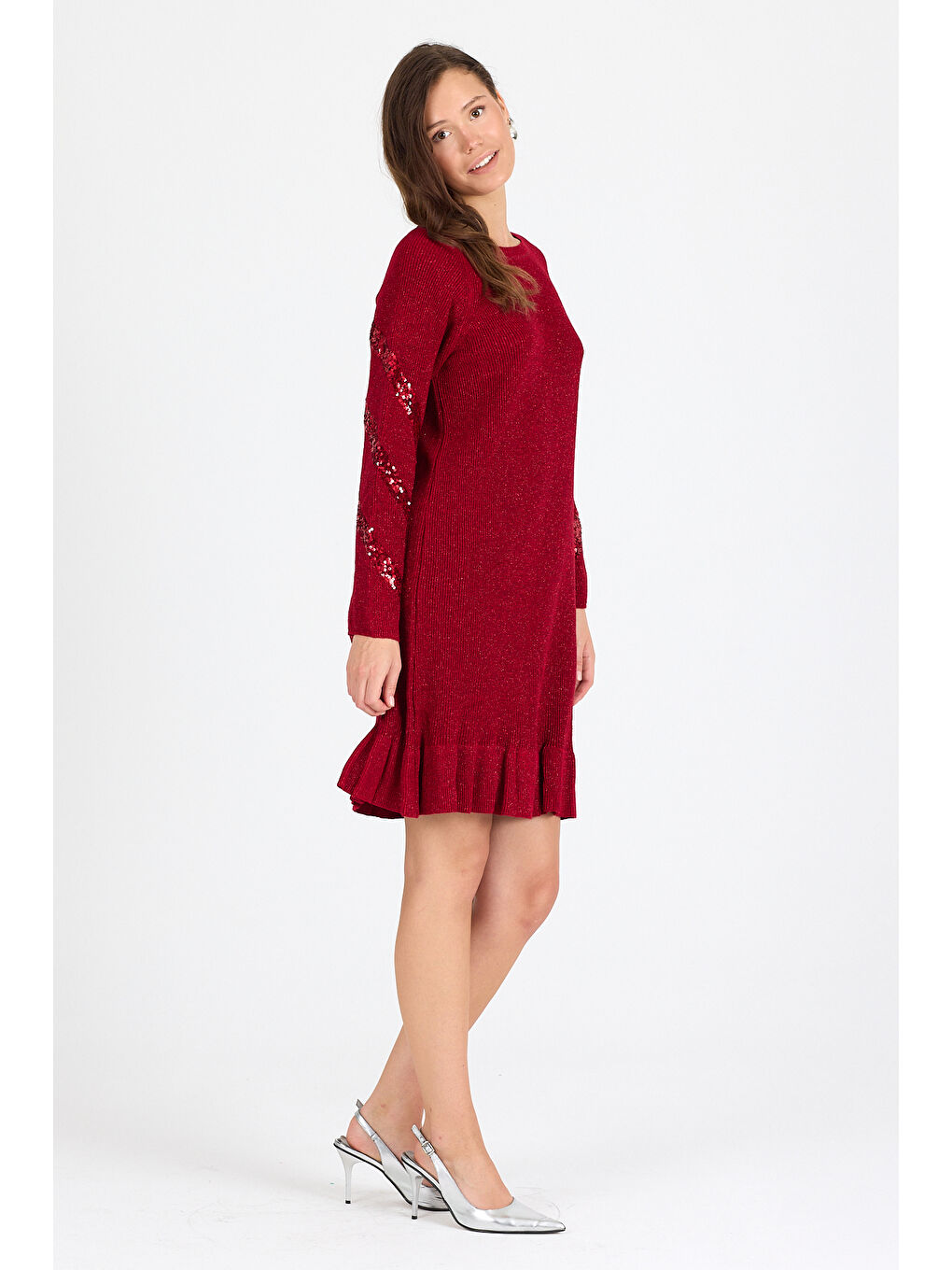 Kırmızı Kadın Bisiklet Yaka Sim Garnili Pul İşlemeli Eibise 3143 (Standart Beden s-m-l-xl Beden Uyumludur)-3