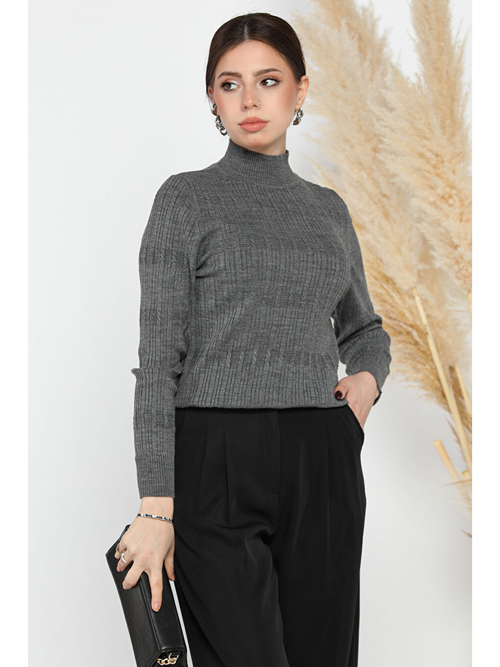 Gri Kadın Yarım Balıkçı Desenli Elastanlı Triko Bluz-1