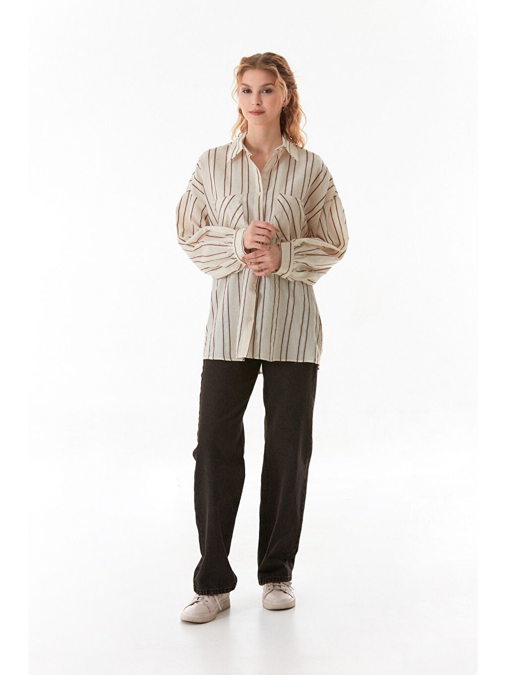 Kahverengi Çizgili Çift Cepli Oversize Keten Gömlek-1