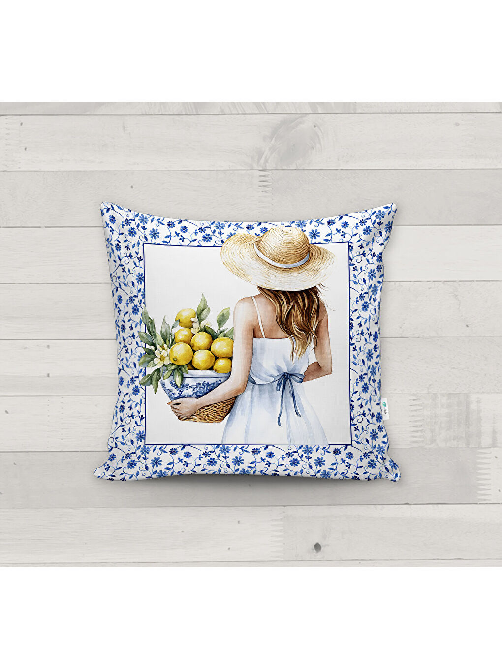 Karışık Mavi Beyaz Çini Desenli ve Limon Temalı Çift Taraflı Baskılı Kırlent Kılıfı 43x43cm-2