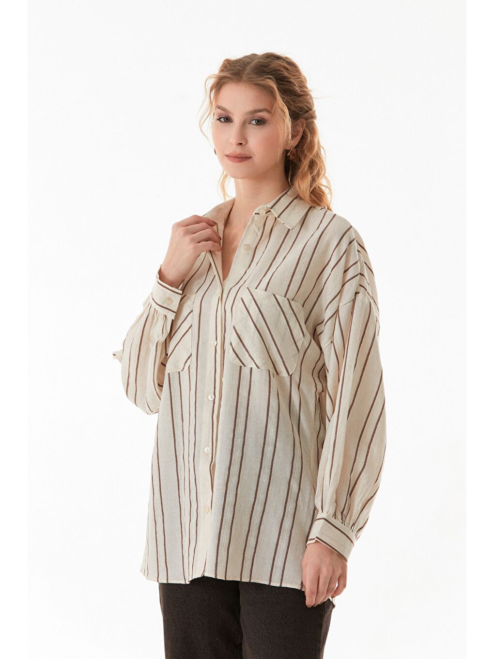 Kahverengi Çizgili Çift Cepli Oversize Keten Gömlek-2