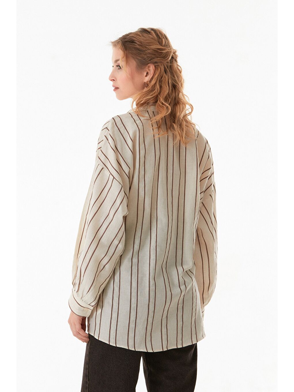 Kahverengi Çizgili Çift Cepli Oversize Keten Gömlek-3