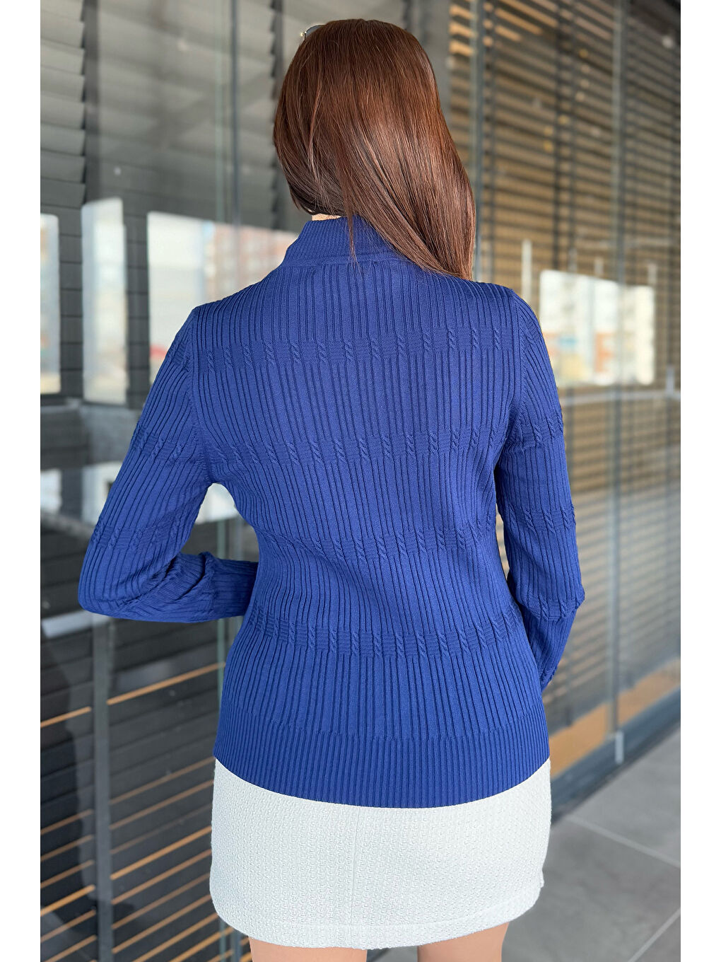 Lacivert Kadın Yarım Balıkçı Desenli Elastanlı Triko Bluz-3