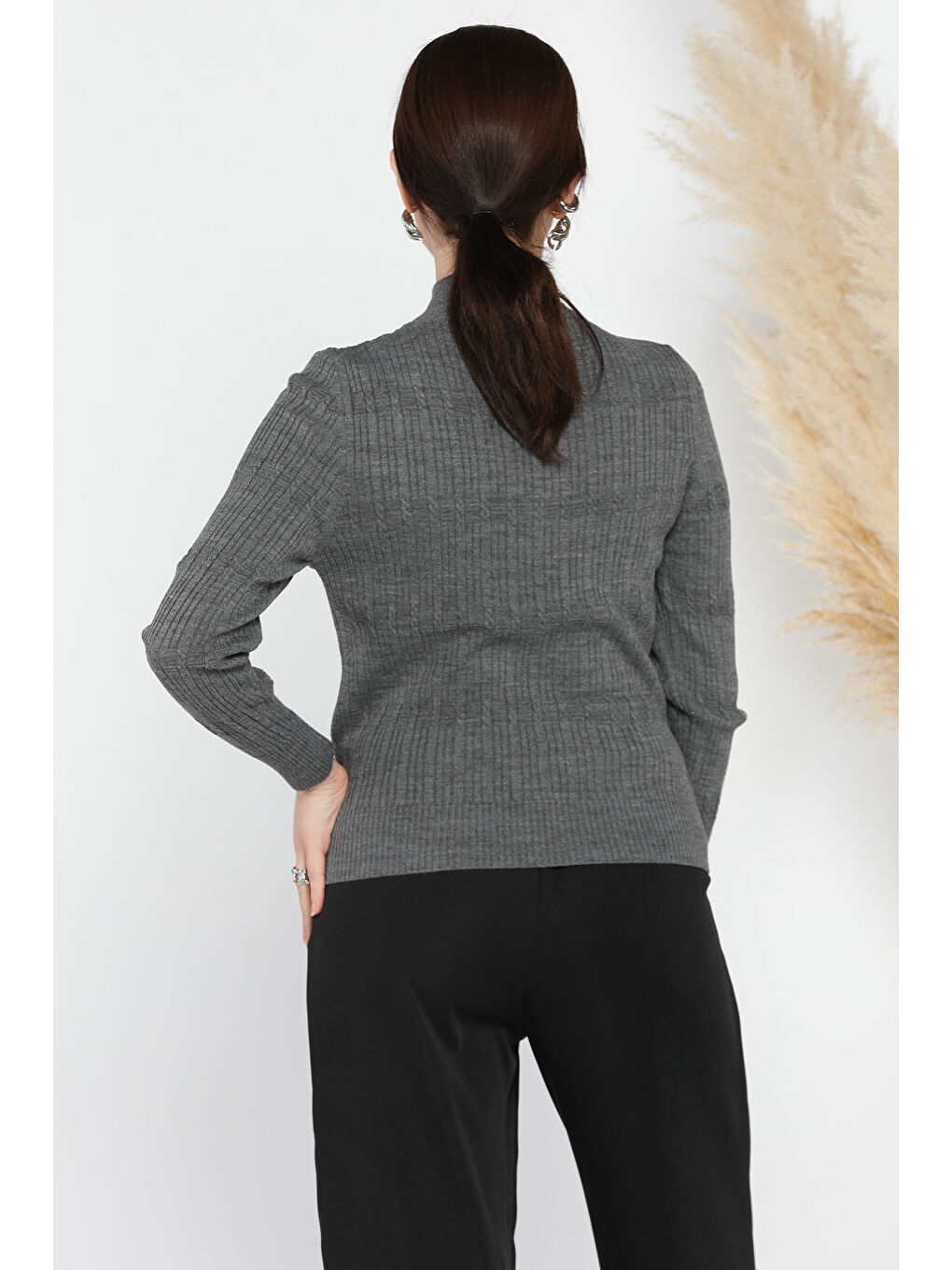 Gri Kadın Yarım Balıkçı Desenli Elastanlı Triko Bluz-2