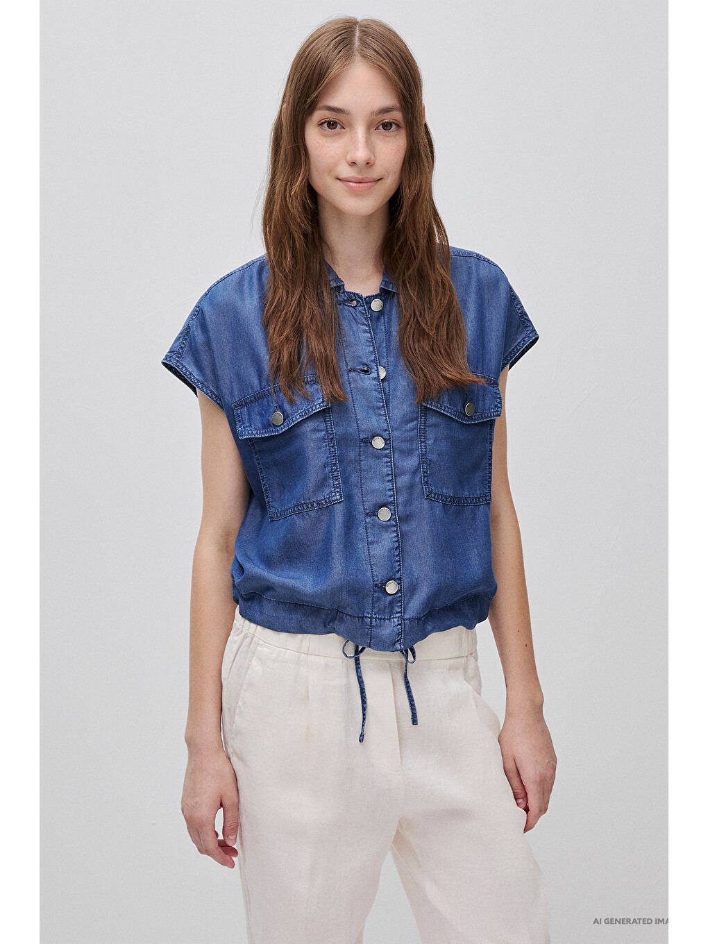 Kadın Açık Mavi Lyocell Denim Büzgü Detaylı Gömlek Yaka Yelek