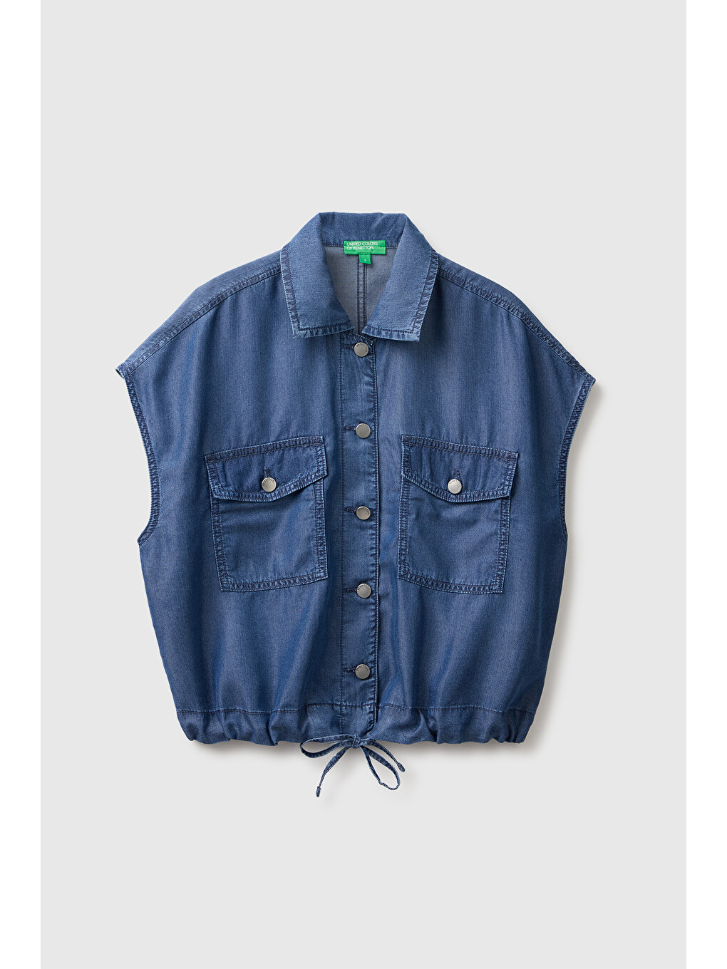 Kadın Açık Mavi Lyocell Denim Büzgü Detaylı Gömlek Yaka Yelek-1