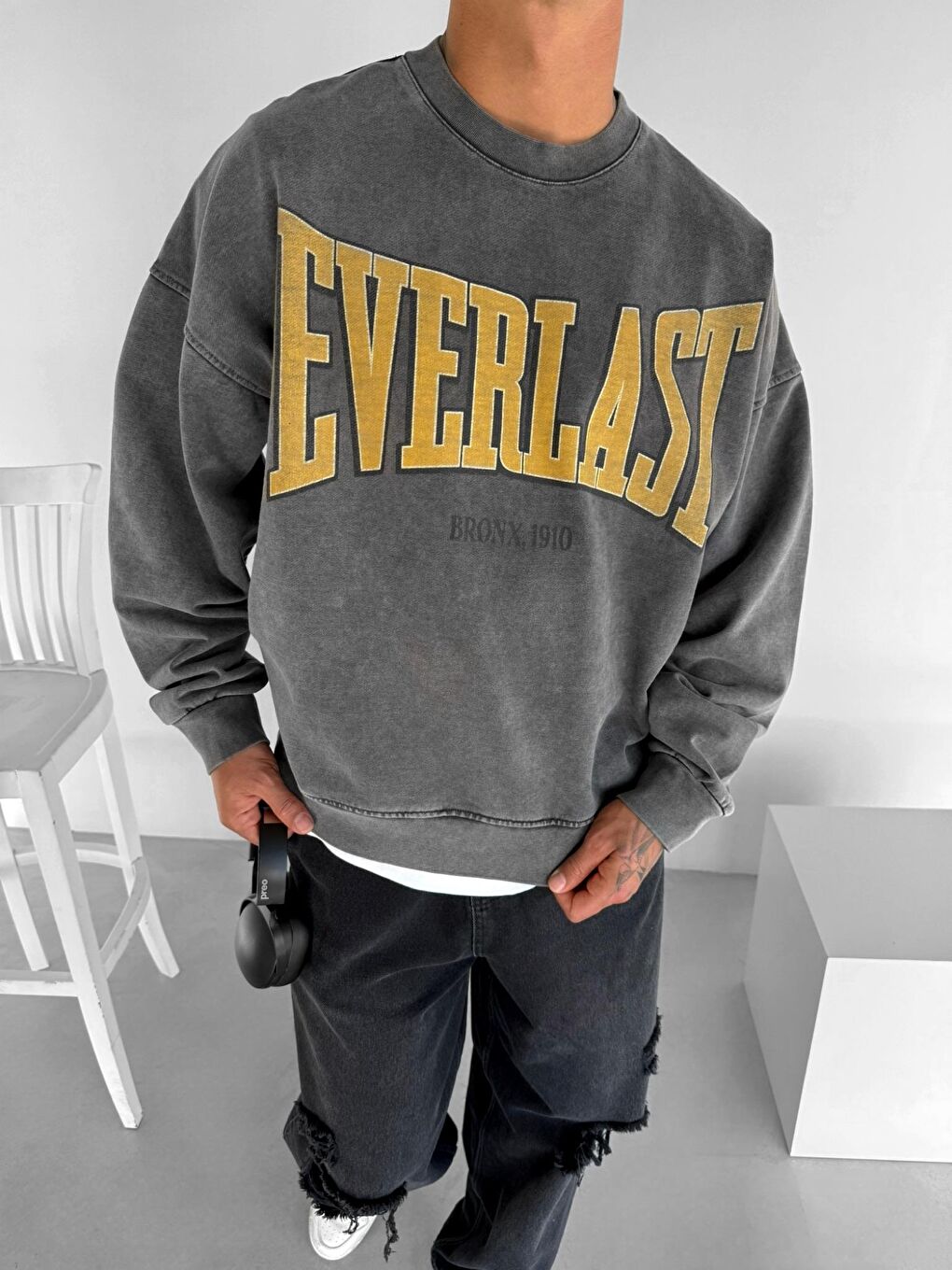 ablukaonline Erkek Everlast Baskılı Boxy Fit Sweatshirt Siyah