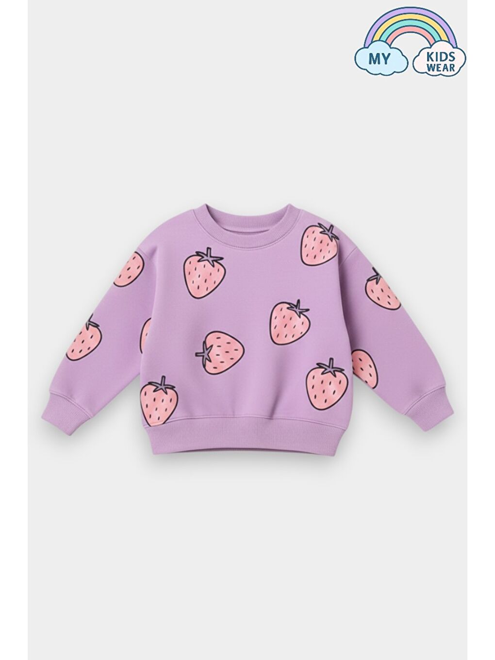 Lila Kız Çocuk Çilek Desenli 3 İplik Şardonsuz Sweatshirt Tayt Takım 2-10 Yaş 12344-1