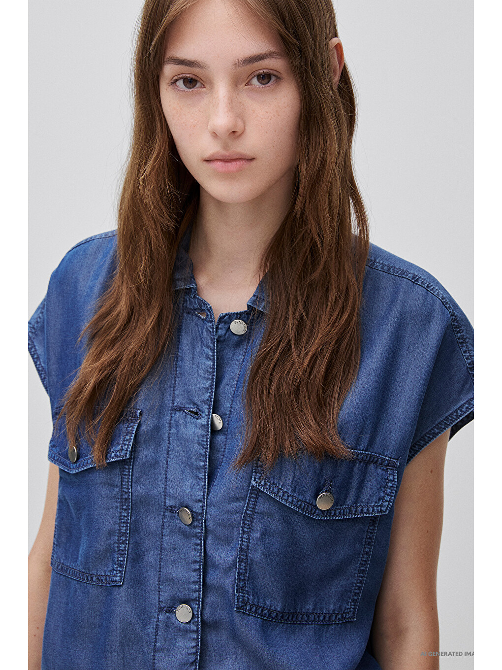 Kadın Açık Mavi Lyocell Denim Büzgü Detaylı Gömlek Yaka Yelek-5