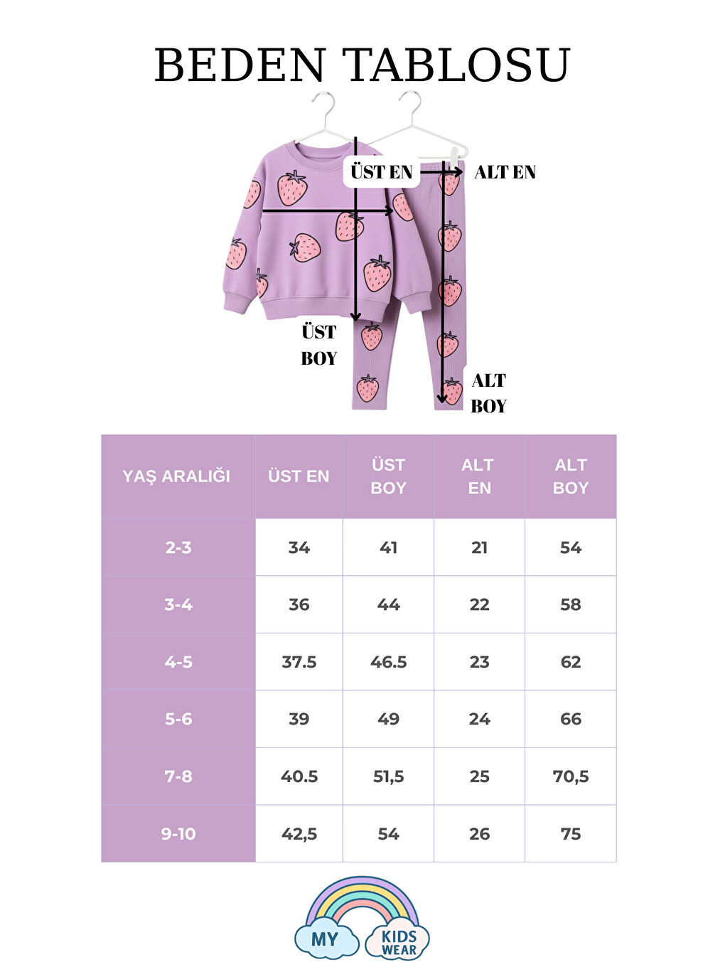 Lila Kız Çocuk Çilek Desenli 3 İplik Şardonsuz Sweatshirt Tayt Takım 2-10 Yaş 12344-3