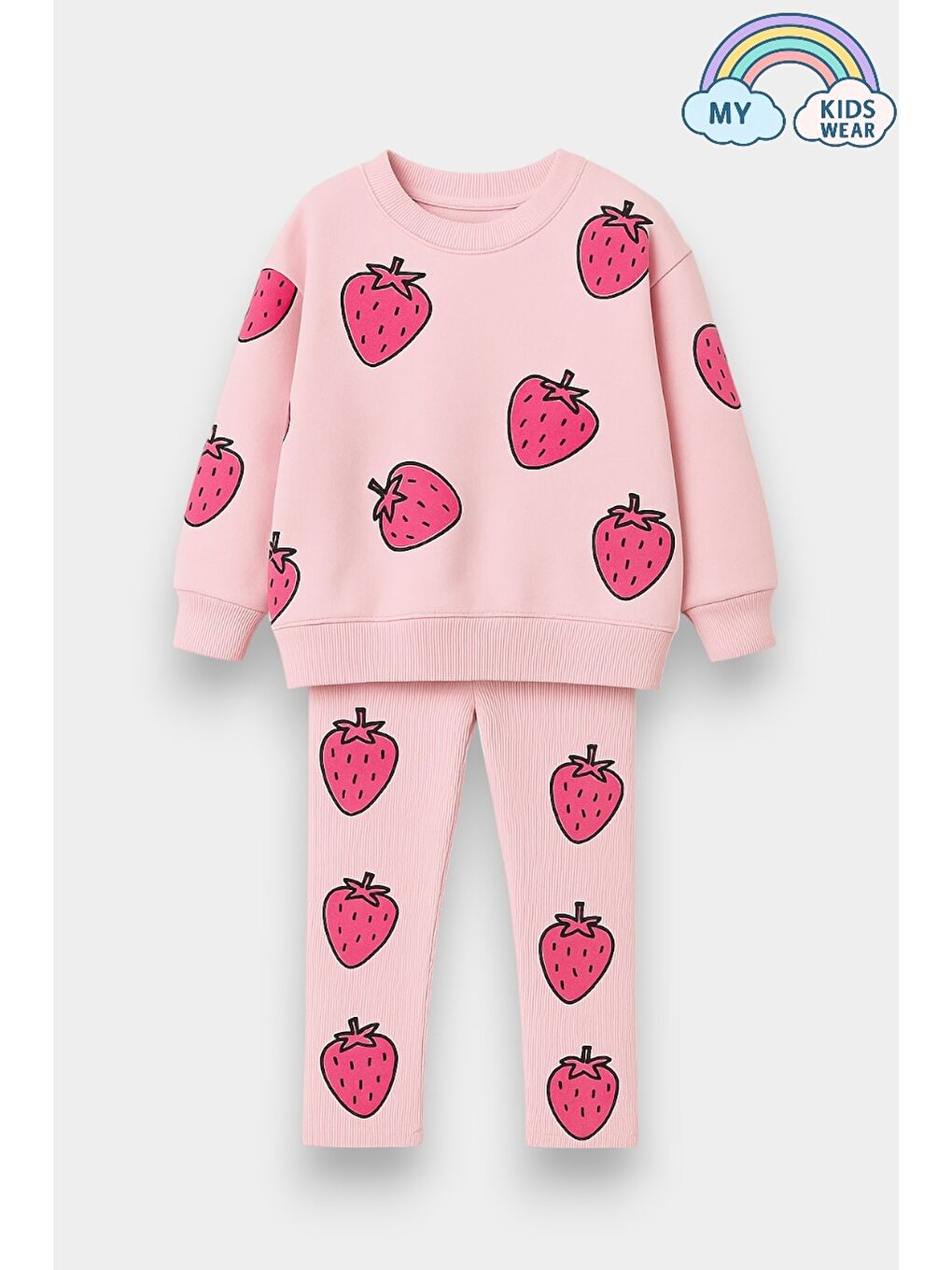 Pembe Kız Çocuk Çilek Desenli 3 İplik Şardonsuz Sweatshirt Tayt Takım 2-10 Yaş 12345