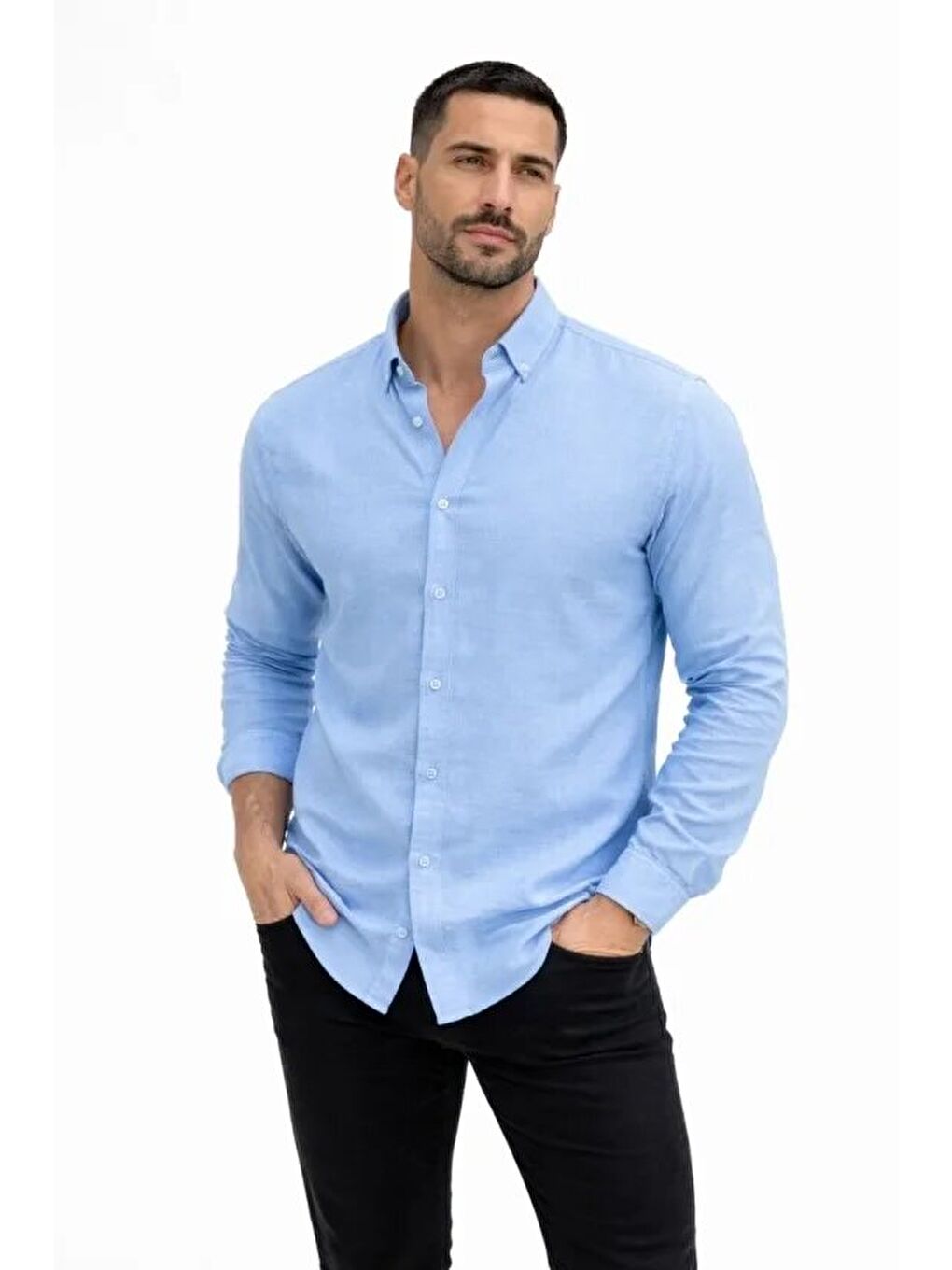 Erkek KETEN Kumaş Oversize Uzun Kollu Rahat Kalıp Gömlek - Açık Mavi