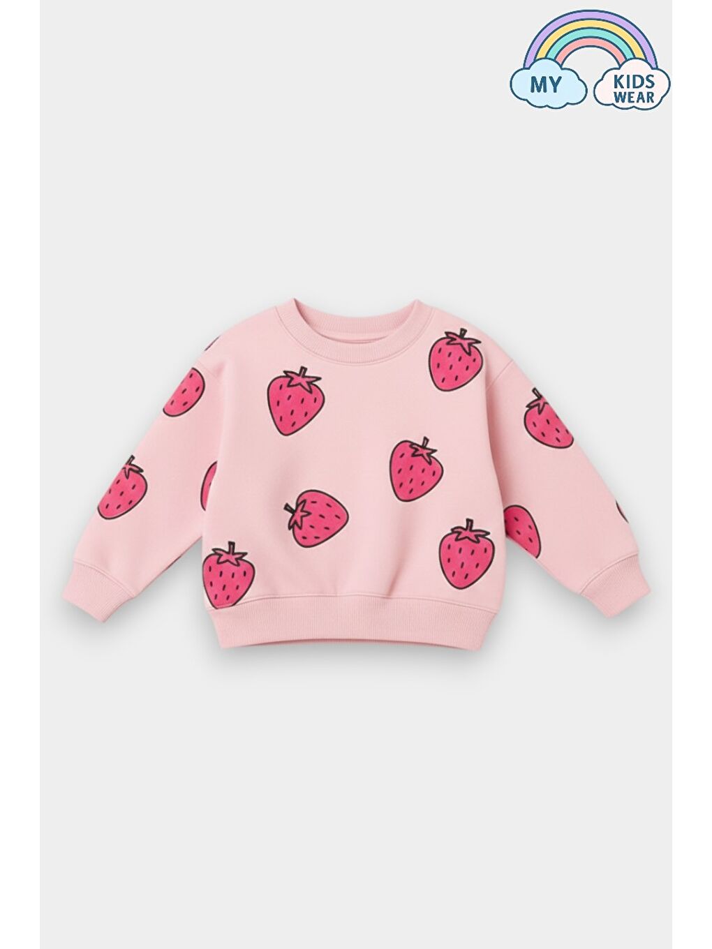Pembe Kız Çocuk Çilek Desenli 3 İplik Şardonsuz Sweatshirt Tayt Takım 2-10 Yaş 12345-1