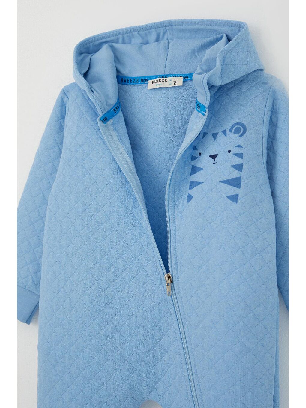 Erkek Bebek Tulum Kapitone Desenli Sevimli Aslancık Baskılı Kapüşonlu Açık Mavi (4 Ay-1.5 Yaş)-3