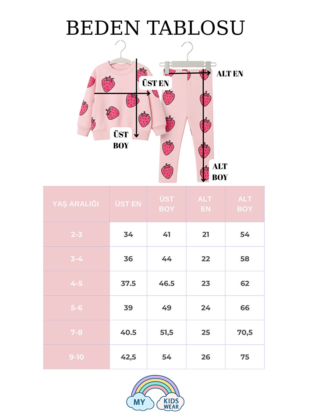 Pembe Kız Çocuk Çilek Desenli 3 İplik Şardonsuz Sweatshirt Tayt Takım 2-10 Yaş 12345-3