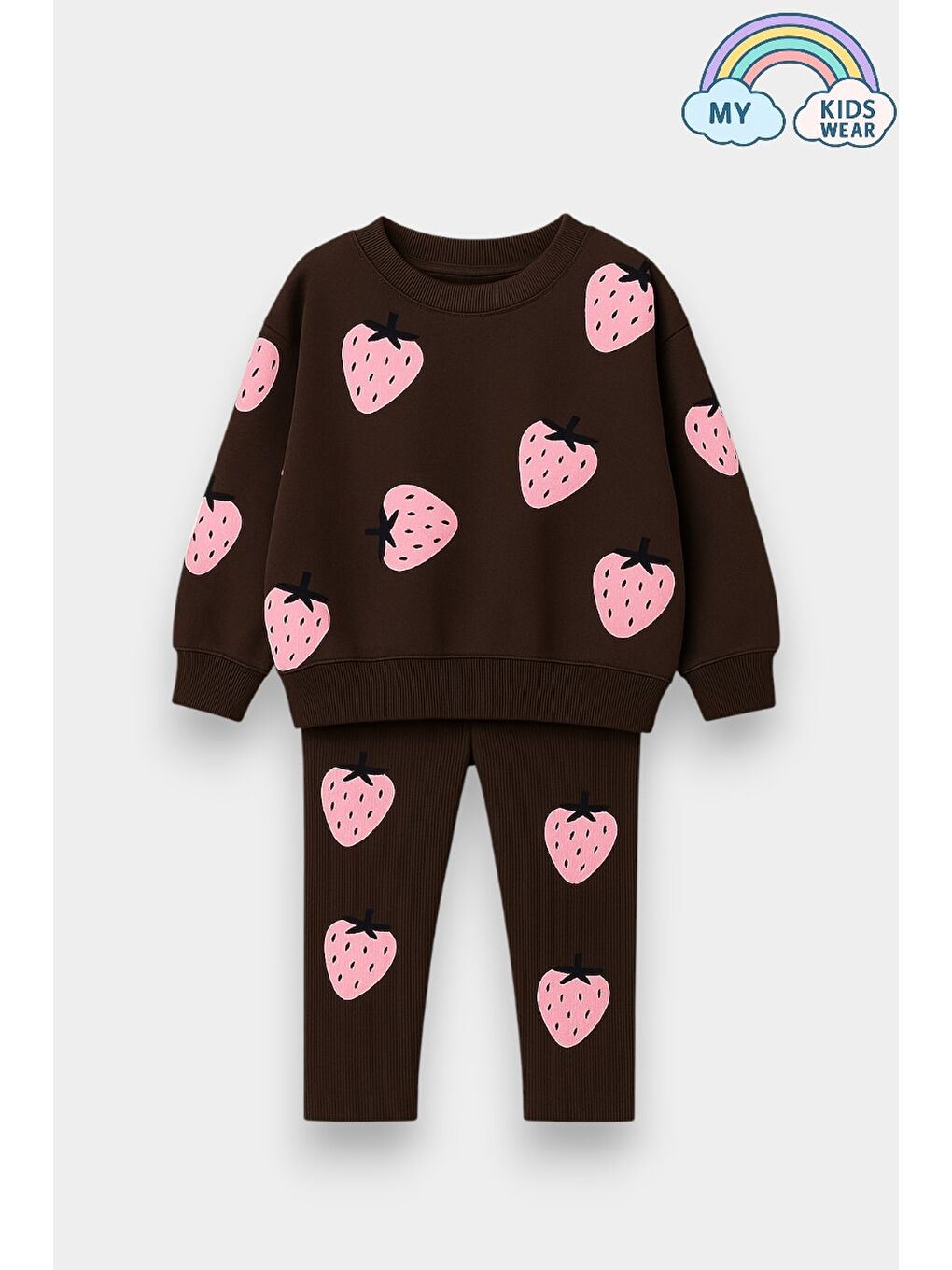 Kahverengi Kız Çocuk Çilek Desenli 3 İplik Şardonsuz Sweatshirt Tayt Takım 2-10 Yaş 12346