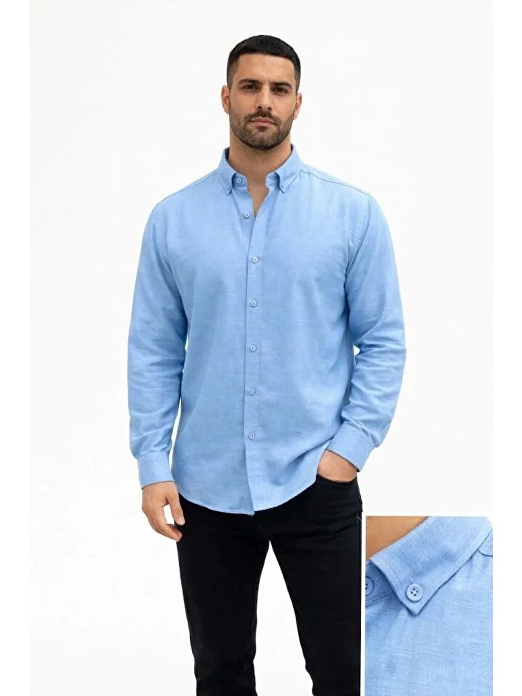 Erkek KETEN Kumaş Oversize Uzun Kollu Rahat Kalıp Gömlek - Açık Mavi-1