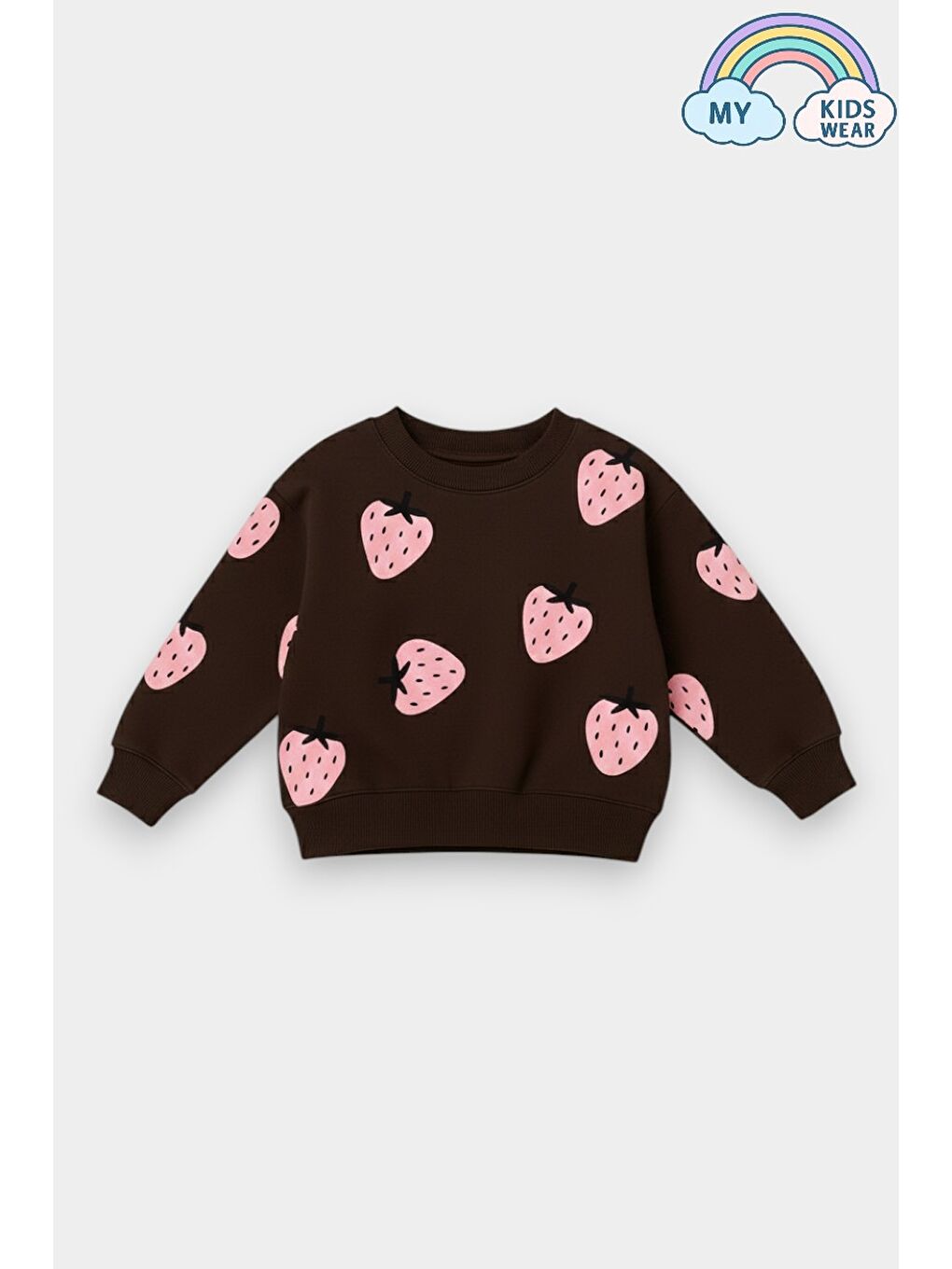 Kahverengi Kız Çocuk Çilek Desenli 3 İplik Şardonsuz Sweatshirt Tayt Takım 2-10 Yaş 12346-1