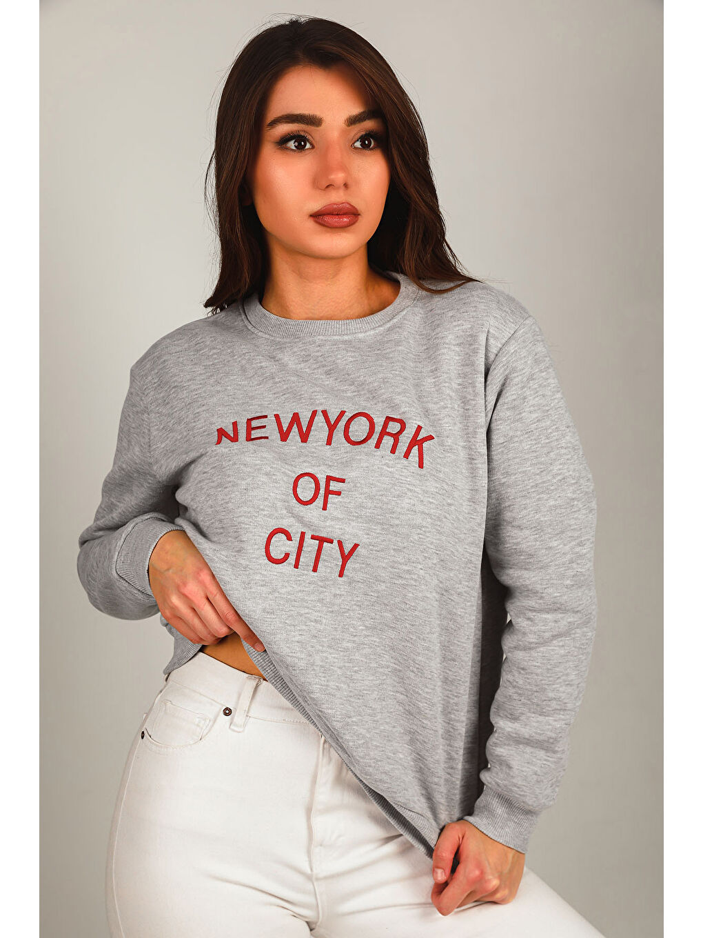 GÜLSELİ Gri Kadın Nakışlı Üç İplik Şardonlu Sweatshirt - 2