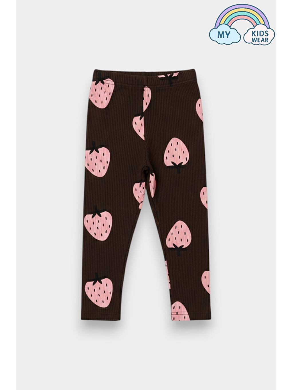Kahverengi Kız Çocuk Çilek Desenli 3 İplik Şardonsuz Sweatshirt Tayt Takım 2-10 Yaş 12346-2