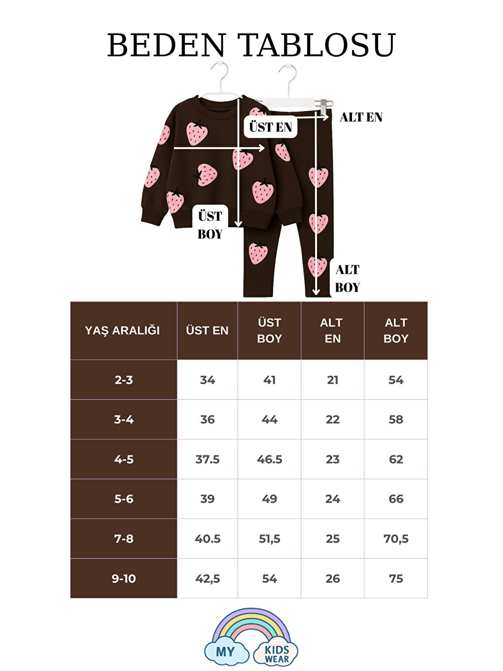 Kahverengi Kız Çocuk Çilek Desenli 3 İplik Şardonsuz Sweatshirt Tayt Takım 2-10 Yaş 12346-3