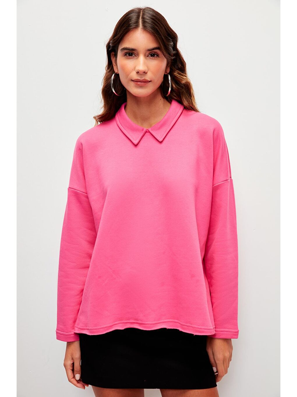 Düz Renk Uzun Kollu Polo Yaka Sweatshirt-Fuşya