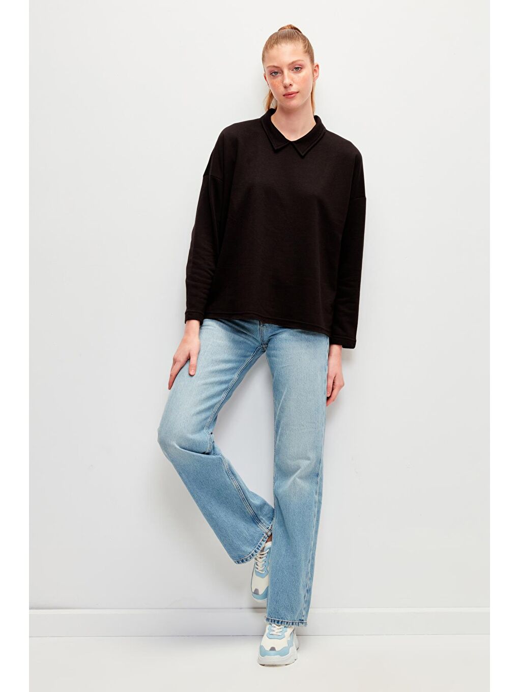 Düz Renk Uzun Kollu Polo Yaka Sweatshirt-Siyah-1