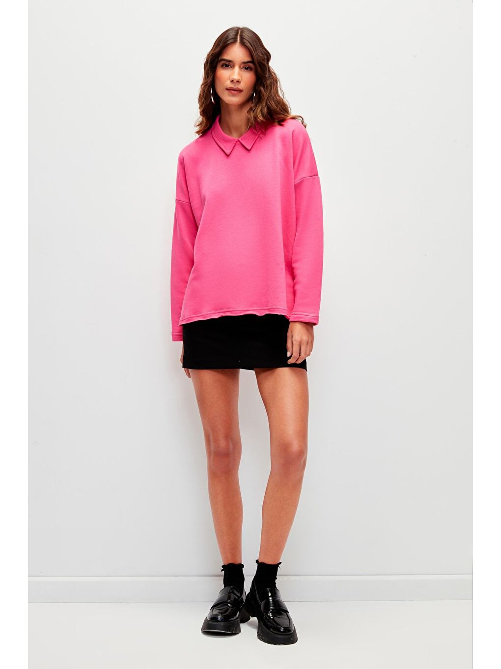 Düz Renk Uzun Kollu Polo Yaka Sweatshirt-Fuşya-1