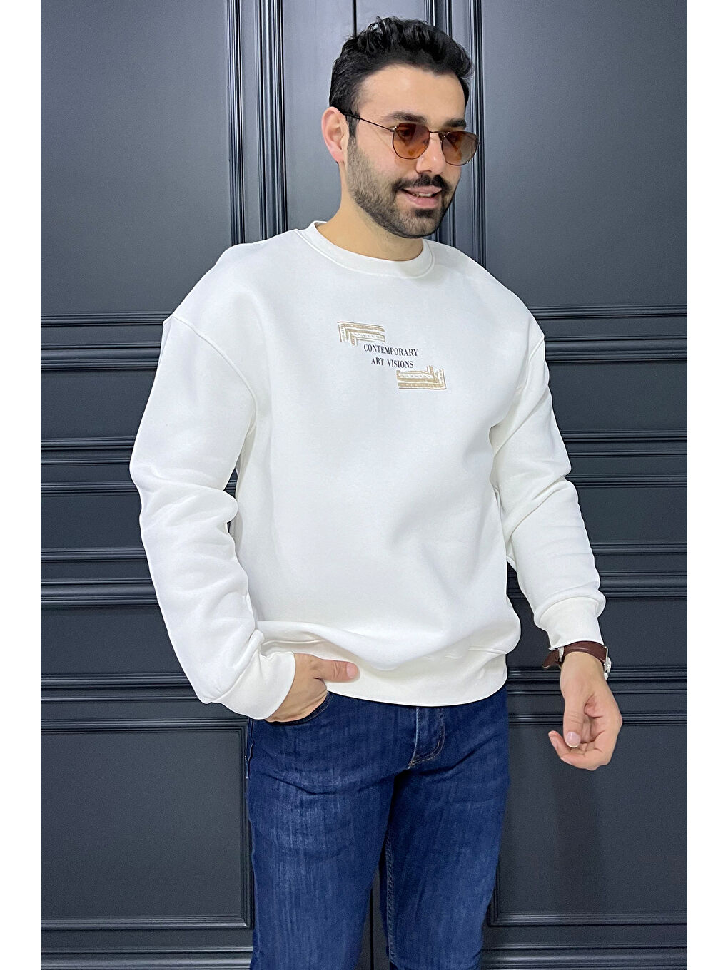 Mishar İtalia Ekru Erkek Bisiklet Yaka Baskılı Üç İplik Şardonlu Sweatshirt - 1