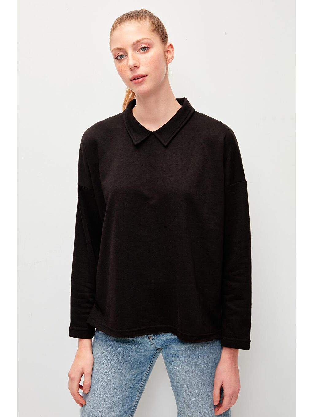 Düz Renk Uzun Kollu Polo Yaka Sweatshirt-Siyah-2