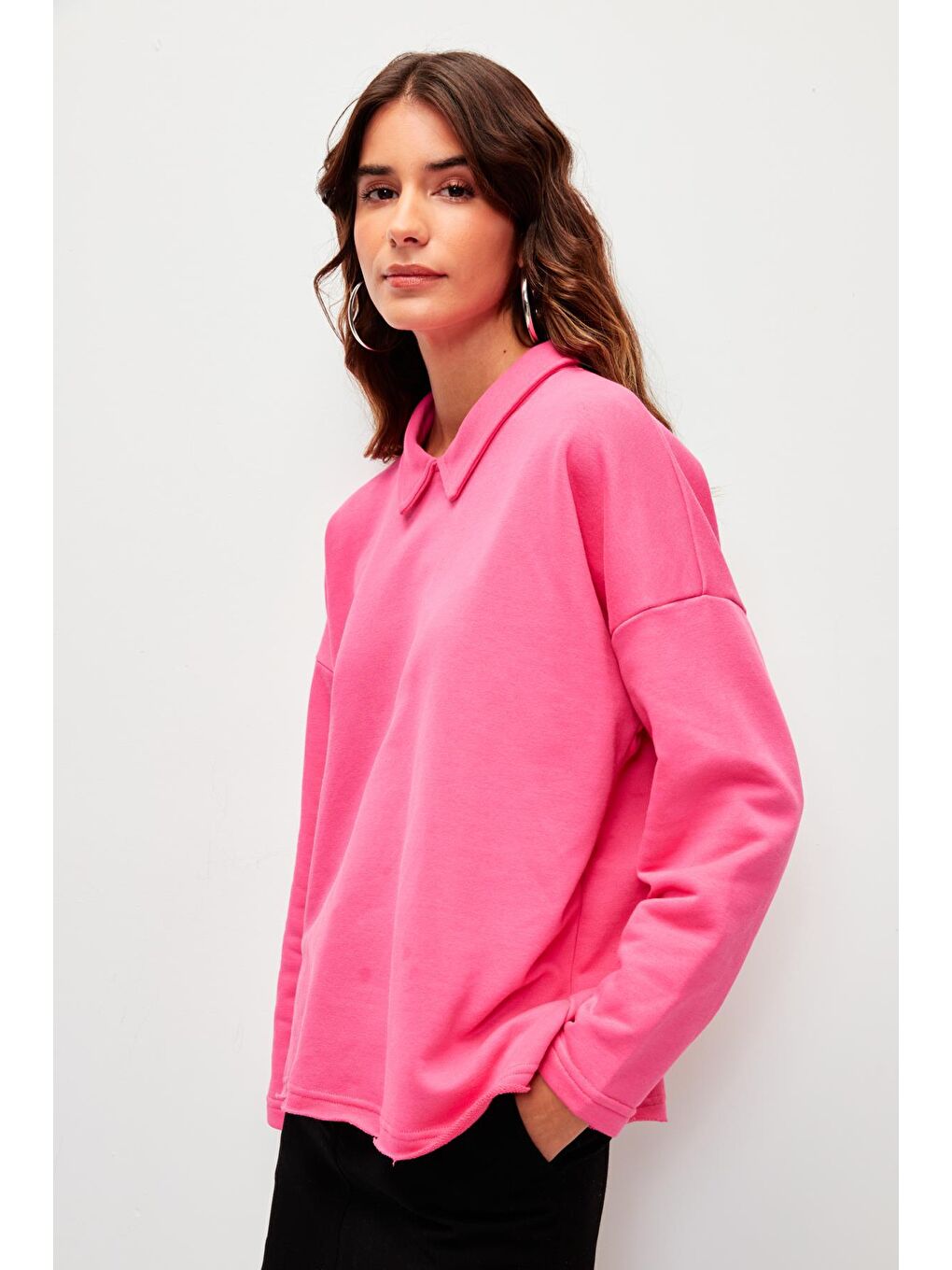 Düz Renk Uzun Kollu Polo Yaka Sweatshirt-Fuşya-2