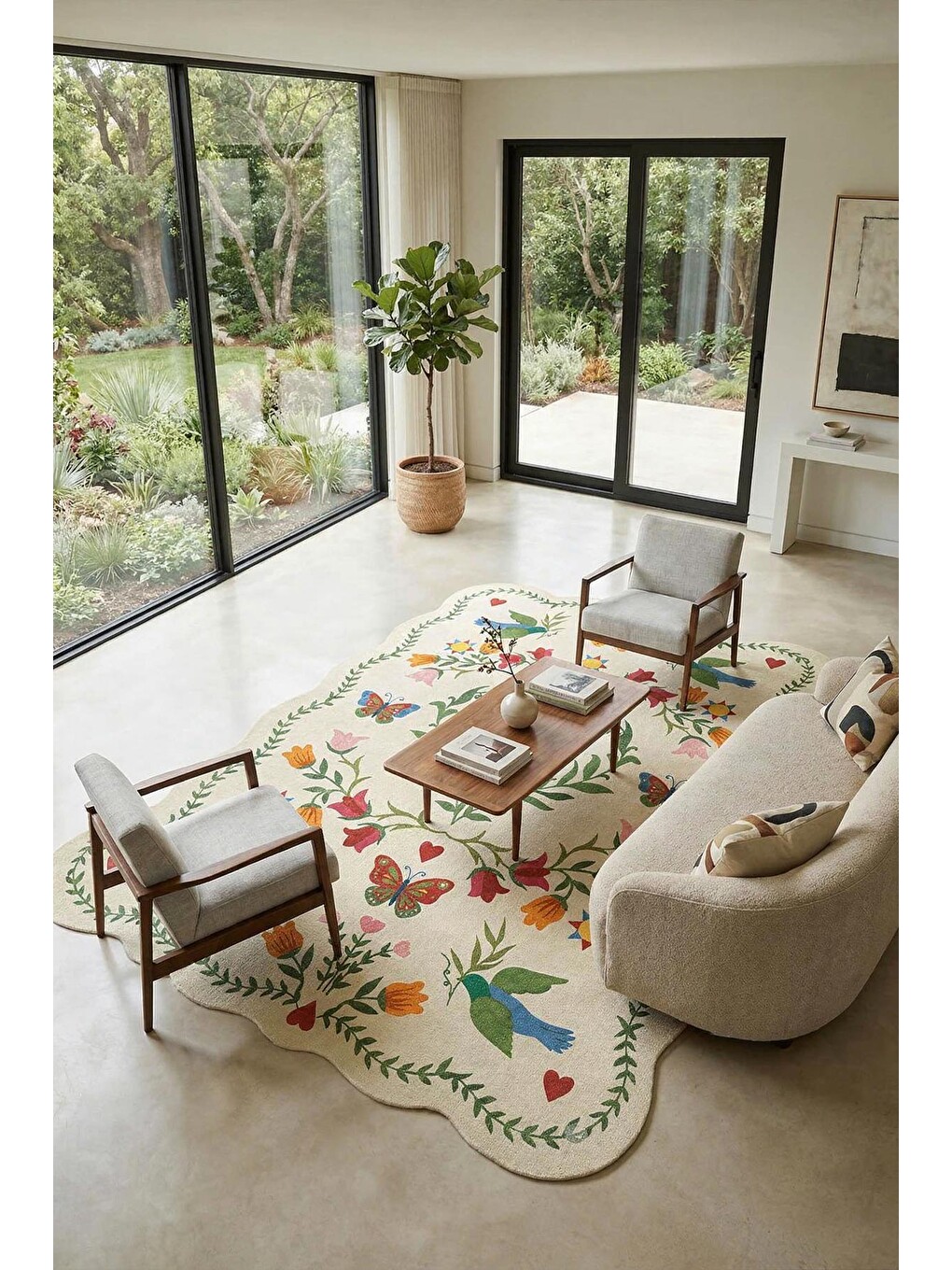 Ekru Modern Dekoratif Halı – Makinada Yıkanabilir, Kaymaz Taban, İnce Lazer Kesim Halı-1