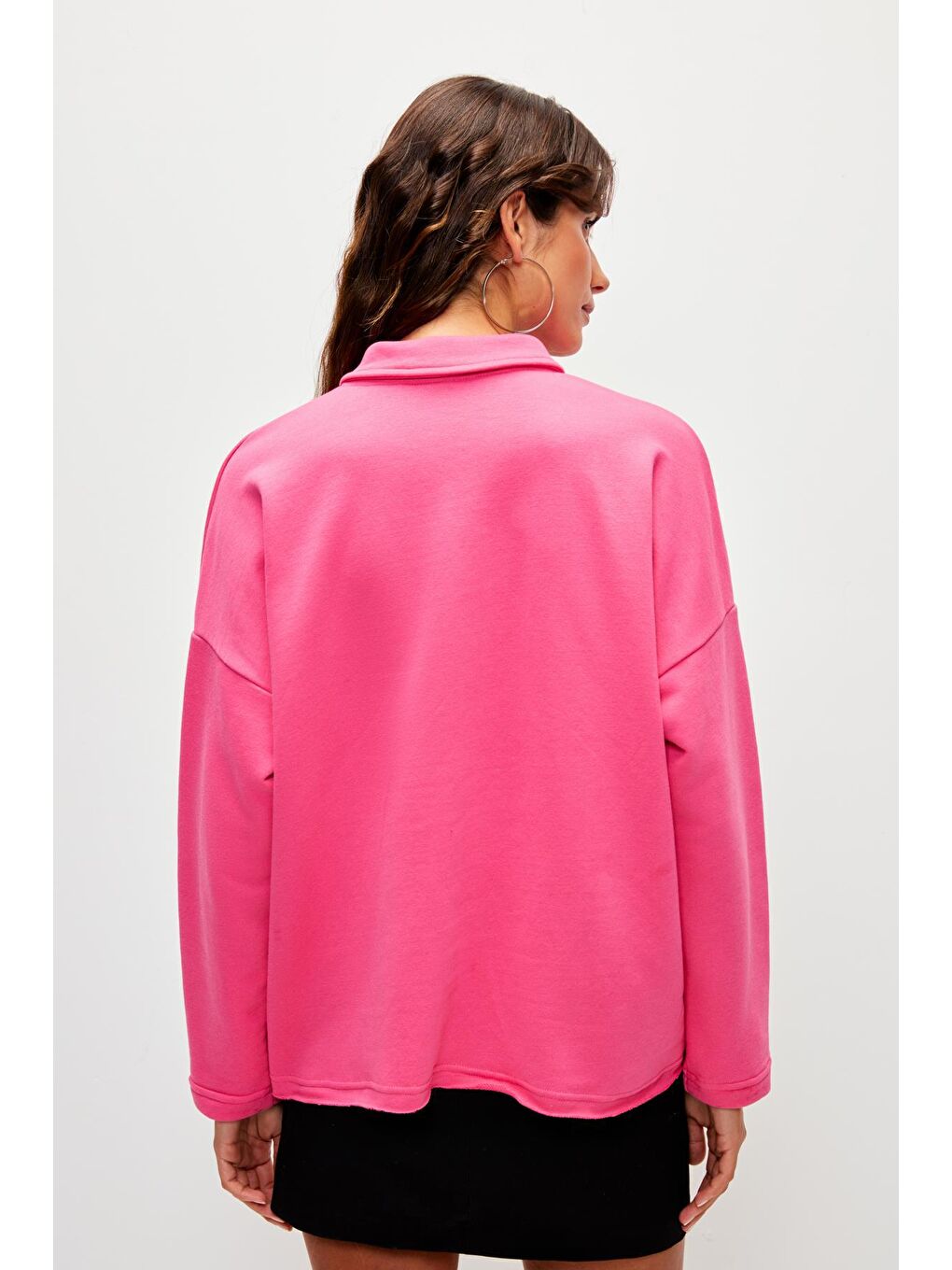 Düz Renk Uzun Kollu Polo Yaka Sweatshirt-Fuşya-3