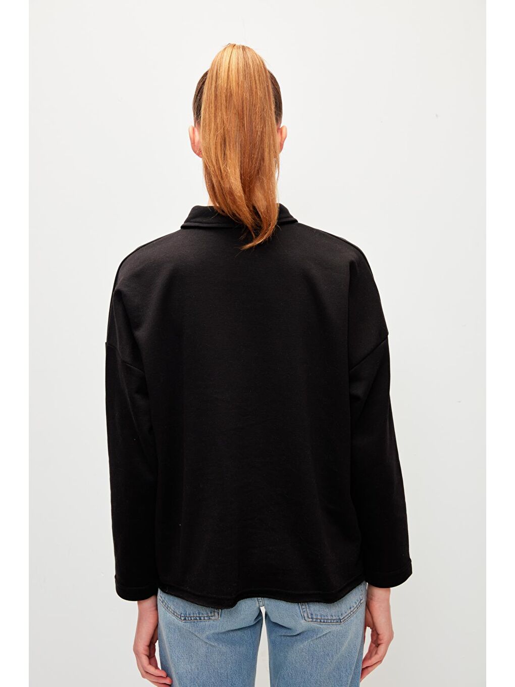 Düz Renk Uzun Kollu Polo Yaka Sweatshirt-Siyah-4