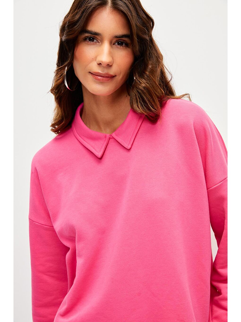 Düz Renk Uzun Kollu Polo Yaka Sweatshirt-Fuşya-4