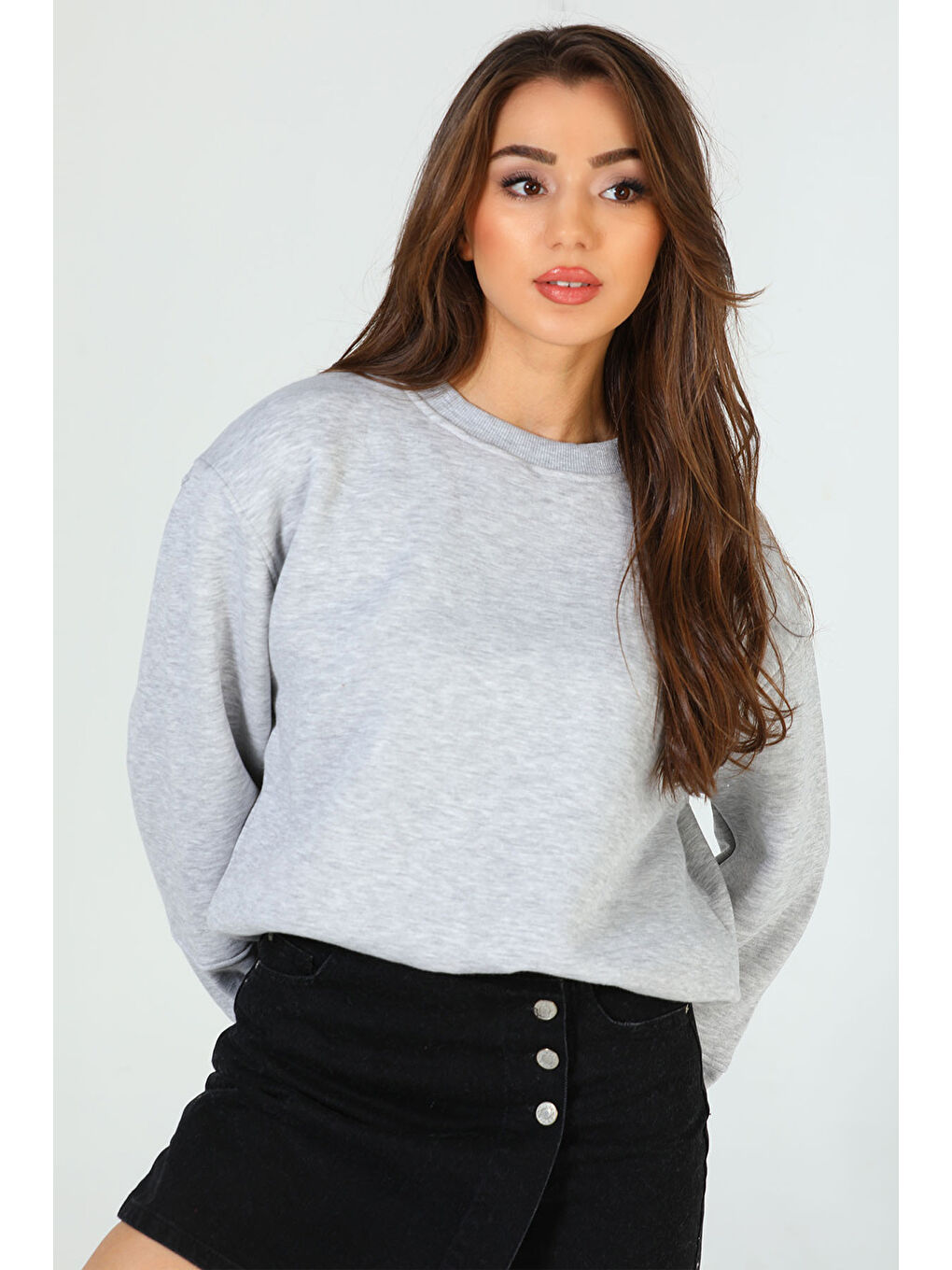 GÜLSELİ Gri Kadın Bisiklet Yaka Şardonlu Üç İplik Sweatshirt - 2