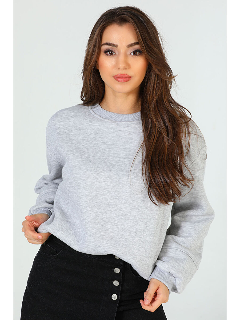 GÜLSELİ Gri Kadın Bisiklet Yaka Şardonlu Üç İplik Sweatshirt - 3