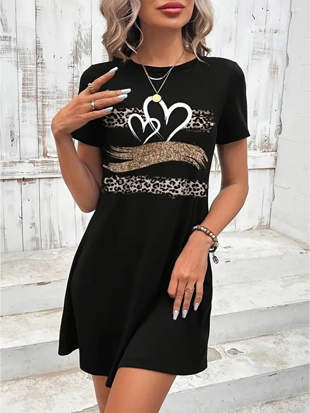 Siyah Kadın Kısa Kollu Bisiklet Yaka Desenli Viskon Elbise-2
