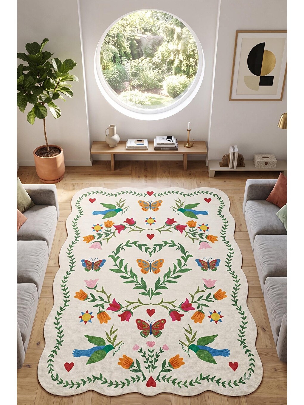 Ekru Modern Dekoratif Halı – Makinada Yıkanabilir, Kaymaz Taban, İnce Lazer Kesim Halı-2